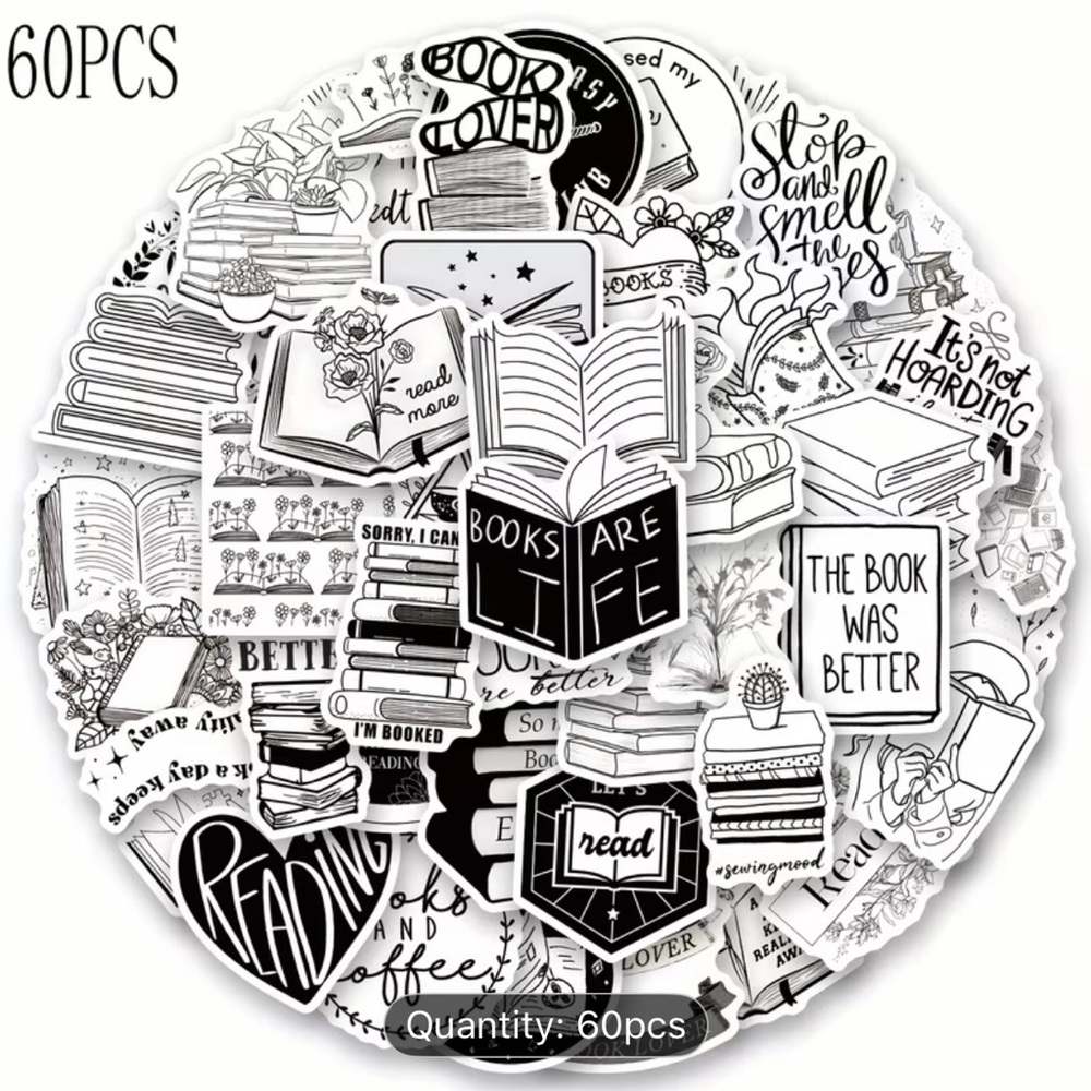 (50) Black & White Book-Themed Stickers - Picture 3 of 3